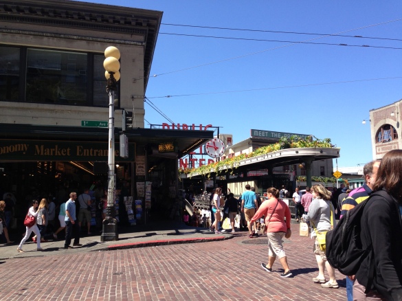Walking up to one of the many entrances of Pike Place Market.