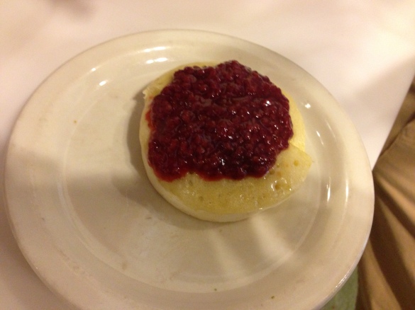 Our toasted crumpet, piled high with preserves.