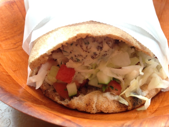 The Falafel Sandwich, nearly bursting at the seams.