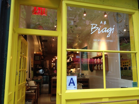 The priority at A. B. Biagi is clearly the making, rather than the serving of gelato, since the kitchen dominates the space.