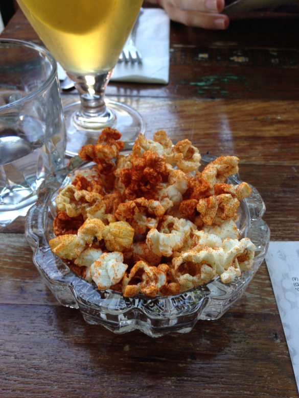 Complimentary spiced popcorn -- not as good as the pita and tahini to come but I'm never one to turn down free carbs.
